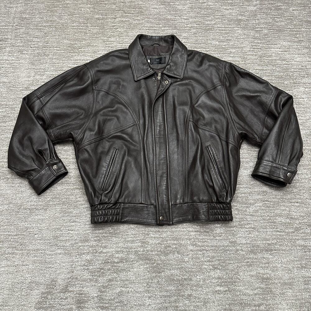 MR Florence Italy Jacket Mens 50 Brown Leather Bomber Made In Italy Full Zip